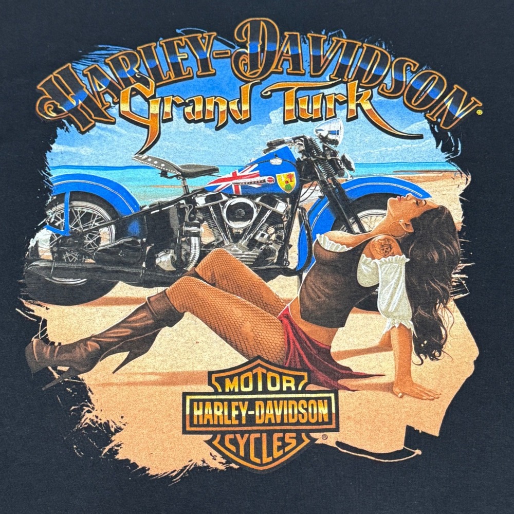 *Harley Davidson Grand Turk Pin Up Girl T-Shirt Mens 2XL Black Graphic Print Tee